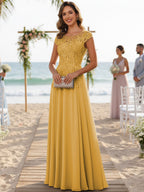A-Line/Princess Scoop Neck Cap Sleeve Floor-Length Mother of the Bride Dresses with Lace Applique (SHI22500008)