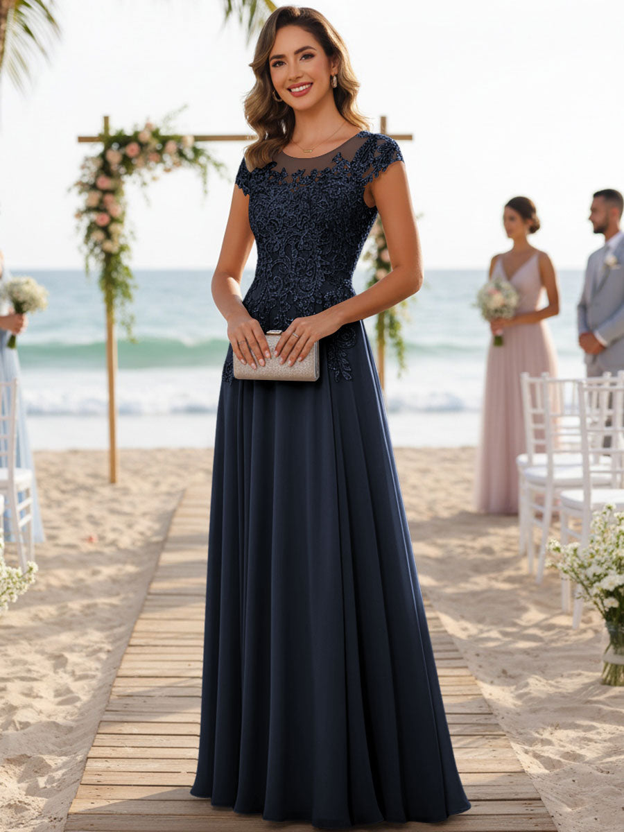 A-Line/Princess Scoop Neck Cap Sleeve Floor-Length Mother of the Bride Dresses with Lace Applique (SHI22500008)