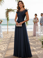 A-Line/Princess Scoop Neck Cap Sleeve Floor-Length Mother of the Bride Dresses with Lace Applique (SHI22500008)
