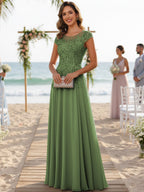A-Line/Princess Scoop Neck Cap Sleeve Floor-Length Mother of the Bride Dresses with Lace Applique (SHI22500008)