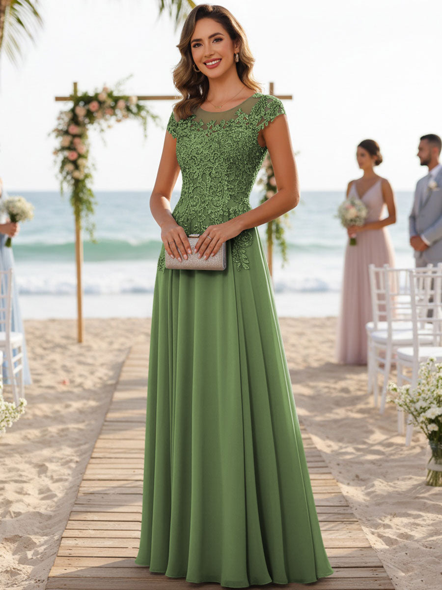 A-Line/Princess Scoop Neck Cap Sleeve Floor-Length Mother of the Bride Dresses with Lace Applique (SHI22500008)