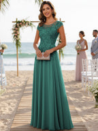 A-Line/Princess Scoop Neck Cap Sleeve Floor-Length Mother of the Bride Dresses with Lace Applique (SHI22500008)