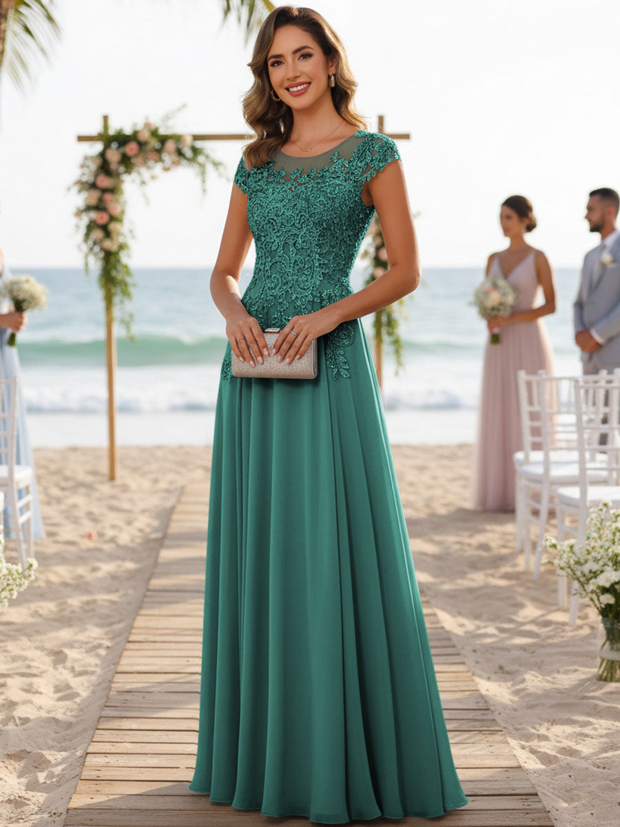 A-Line/Princess Scoop Neck Cap Sleeve Floor-Length Mother of the Bride Dresses with Lace Applique (SHI22500008)