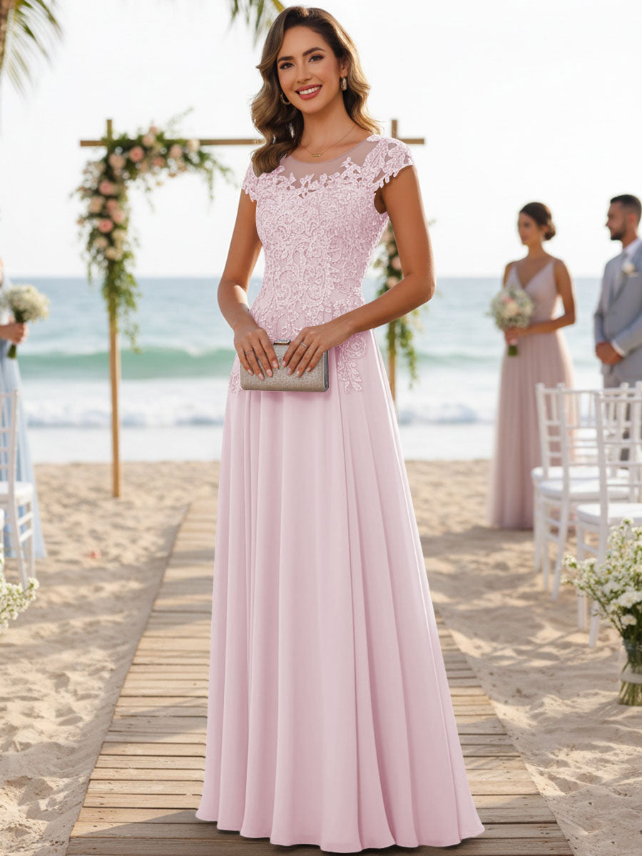 A-Line/Princess Scoop Neck Cap Sleeve Floor-Length Mother of the Bride Dresses with Lace Applique (SHI22500008)
