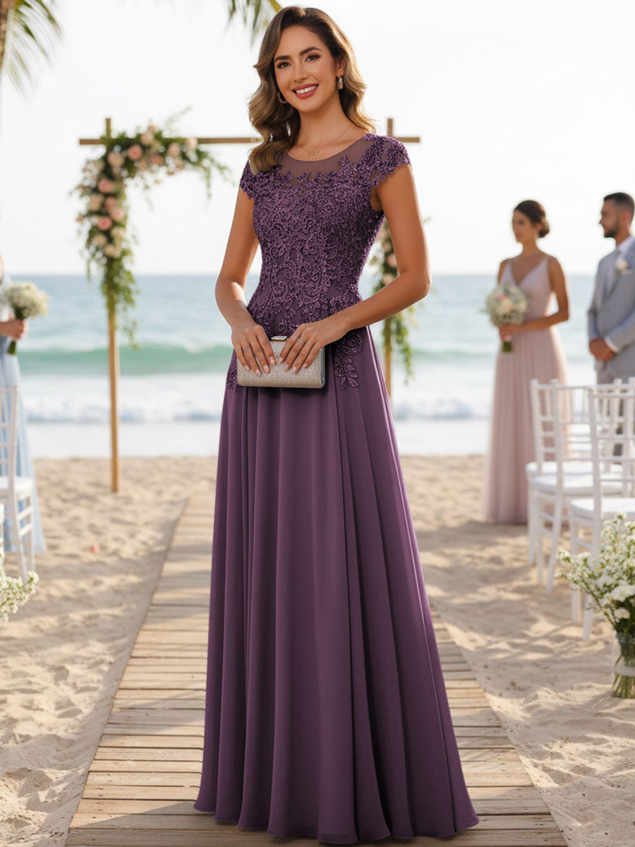 A-Line/Princess Scoop Neck Cap Sleeve Floor-Length Mother of the Bride Dresses with Lace Applique (SHI22500008)