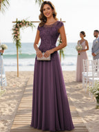 A-Line/Princess Scoop Neck Cap Sleeve Floor-Length Mother of the Bride Dresses with Lace Applique (SHI22500008)