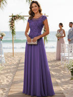 A-Line/Princess Scoop Neck Cap Sleeve Floor-Length Mother of the Bride Dresses with Lace Applique (SHI22500008)