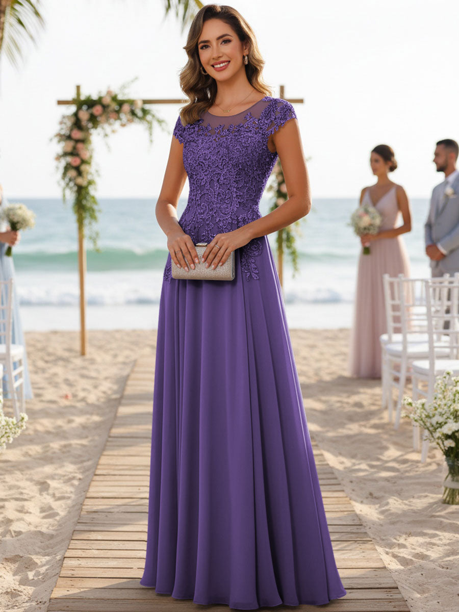 A-Line/Princess Scoop Neck Cap Sleeve Floor-Length Mother of the Bride Dresses with Lace Applique (SHI22500008)