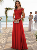 A-Line/Princess Scoop Neck Cap Sleeve Floor-Length Mother of the Bride Dresses with Lace Applique (SHI22500008)