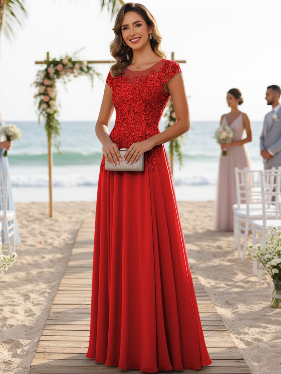 A-Line/Princess Scoop Neck Cap Sleeve Floor-Length Mother of the Bride Dresses with Lace Applique (SHI22500008)