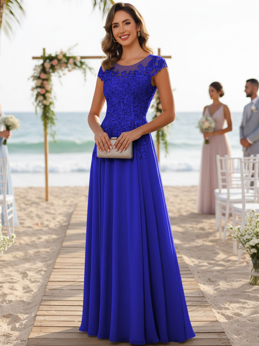 A-Line/Princess Scoop Neck Cap Sleeve Floor-Length Mother of the Bride Dresses with Lace Applique (SHI22500008)