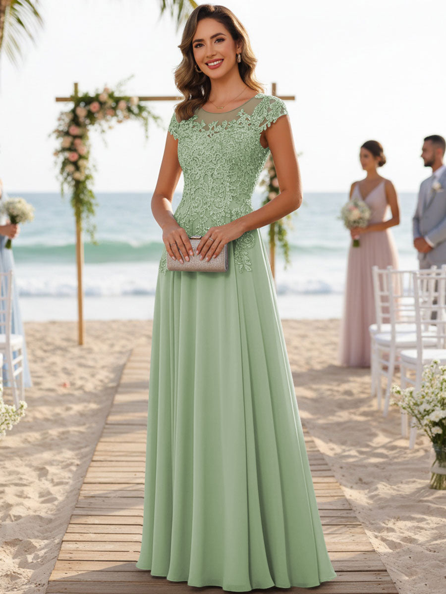 A-Line/Princess Scoop Neck Cap Sleeve Floor-Length Mother of the Bride Dresses with Lace Applique (SHI22500008)