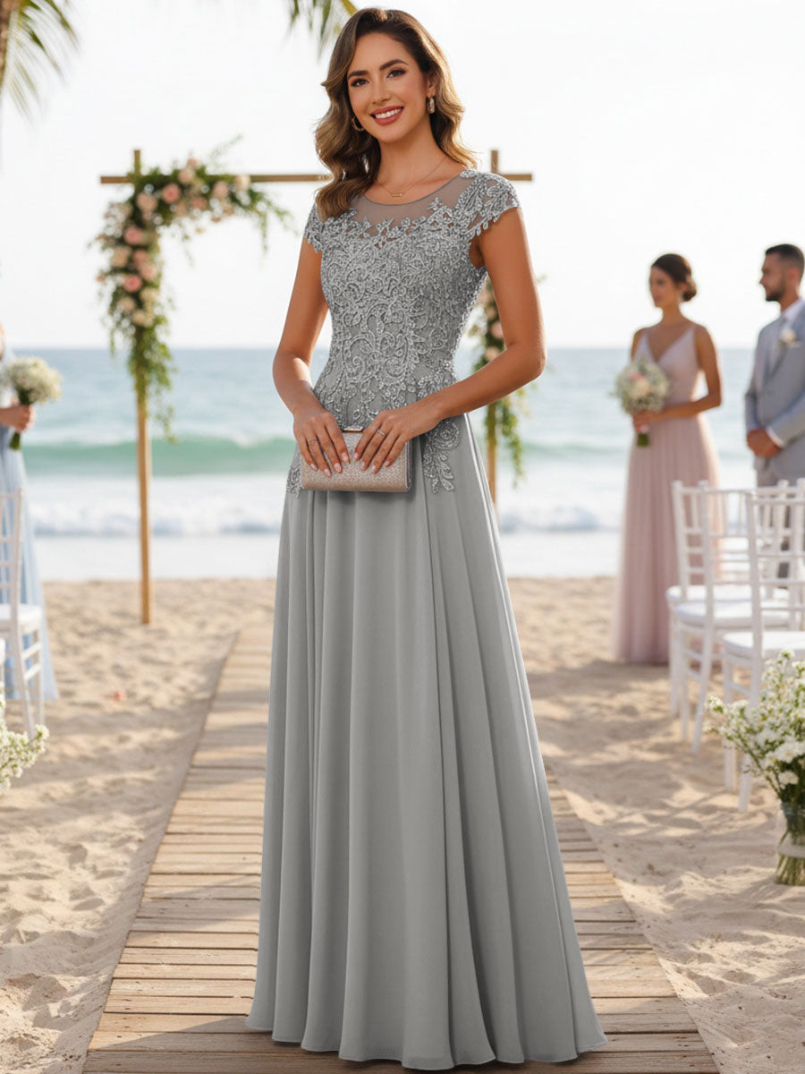 A-Line/Princess Scoop Neck Cap Sleeve Floor-Length Mother of the Bride Dresses with Lace Applique (SHI22500008)