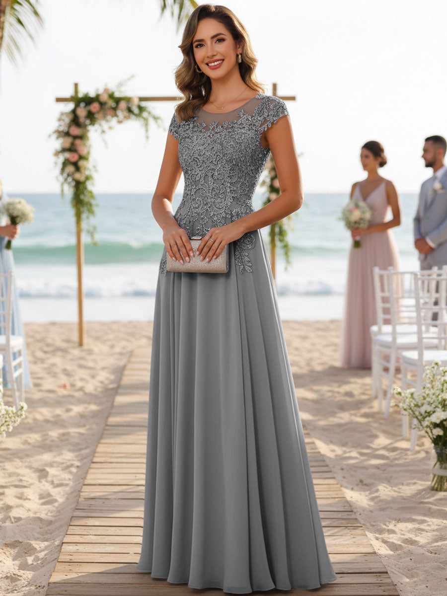 A-Line/Princess Scoop Neck Cap Sleeve Floor-Length Mother of the Bride Dresses with Lace Applique (SHI22500008)