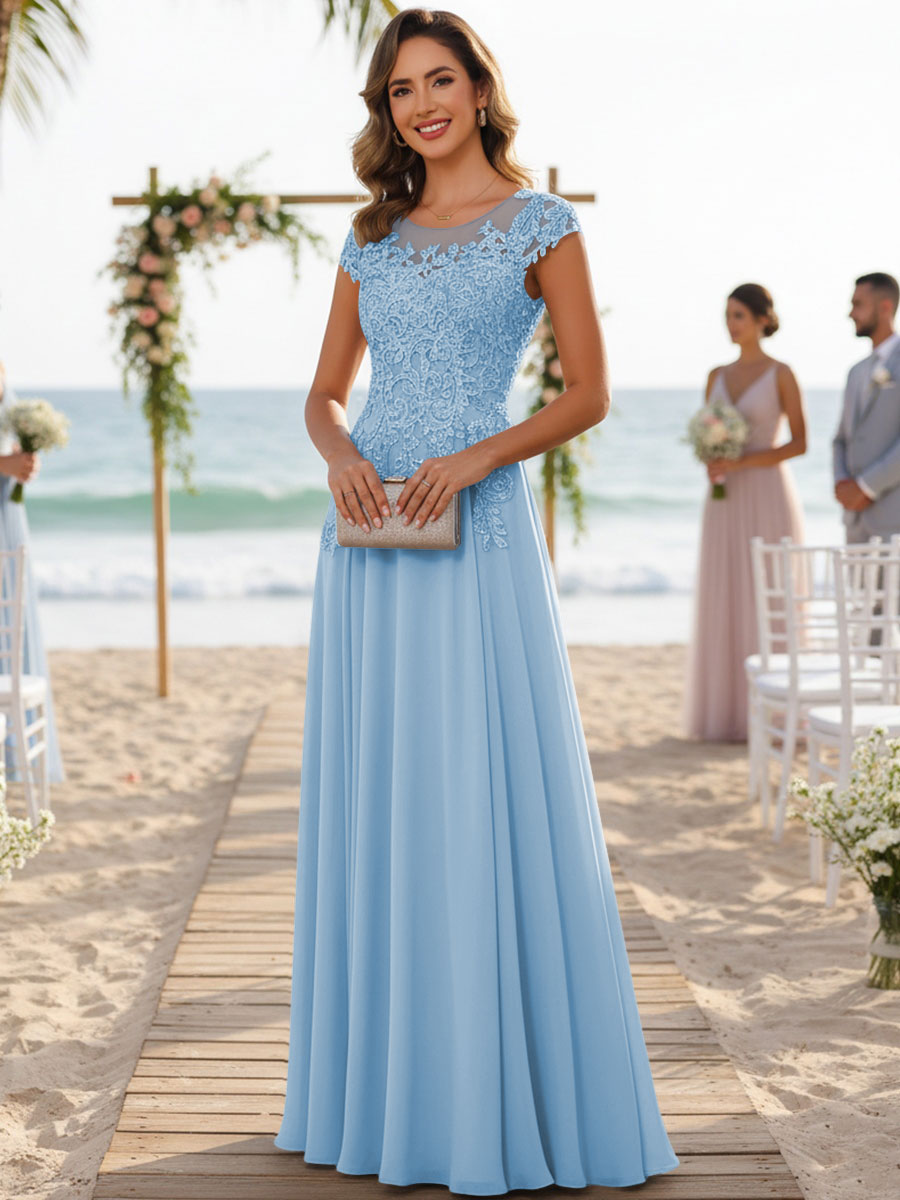 A-Line/Princess Scoop Neck Cap Sleeve Floor-Length Mother of the Bride Dresses with Lace Applique (SHI22500008)
