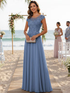 A-Line/Princess Scoop Neck Cap Sleeve Floor-Length Mother of the Bride Dresses with Lace Applique (SHI22500008)