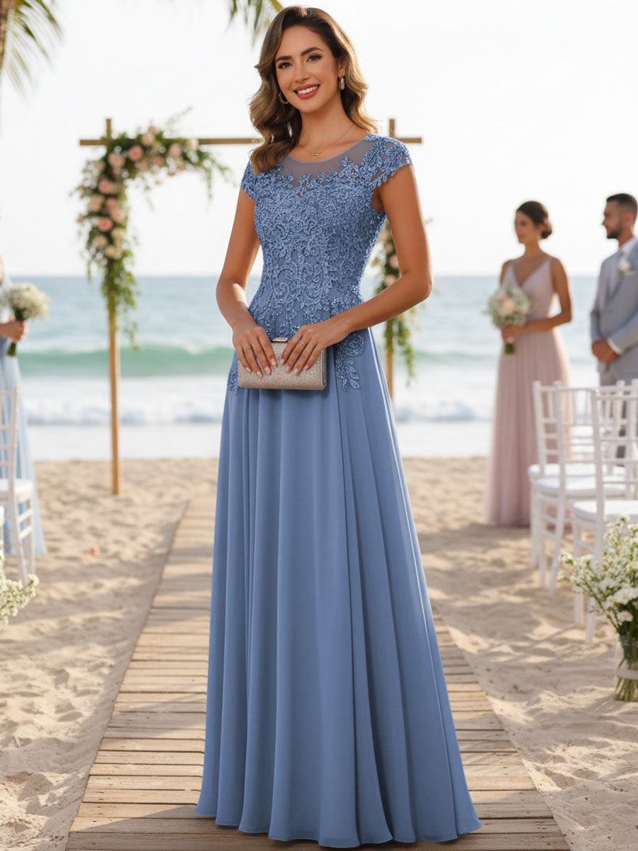 A-Line/Princess Scoop Neck Cap Sleeve Floor-Length Mother of the Bride Dresses with Lace Applique (SHI22500008)