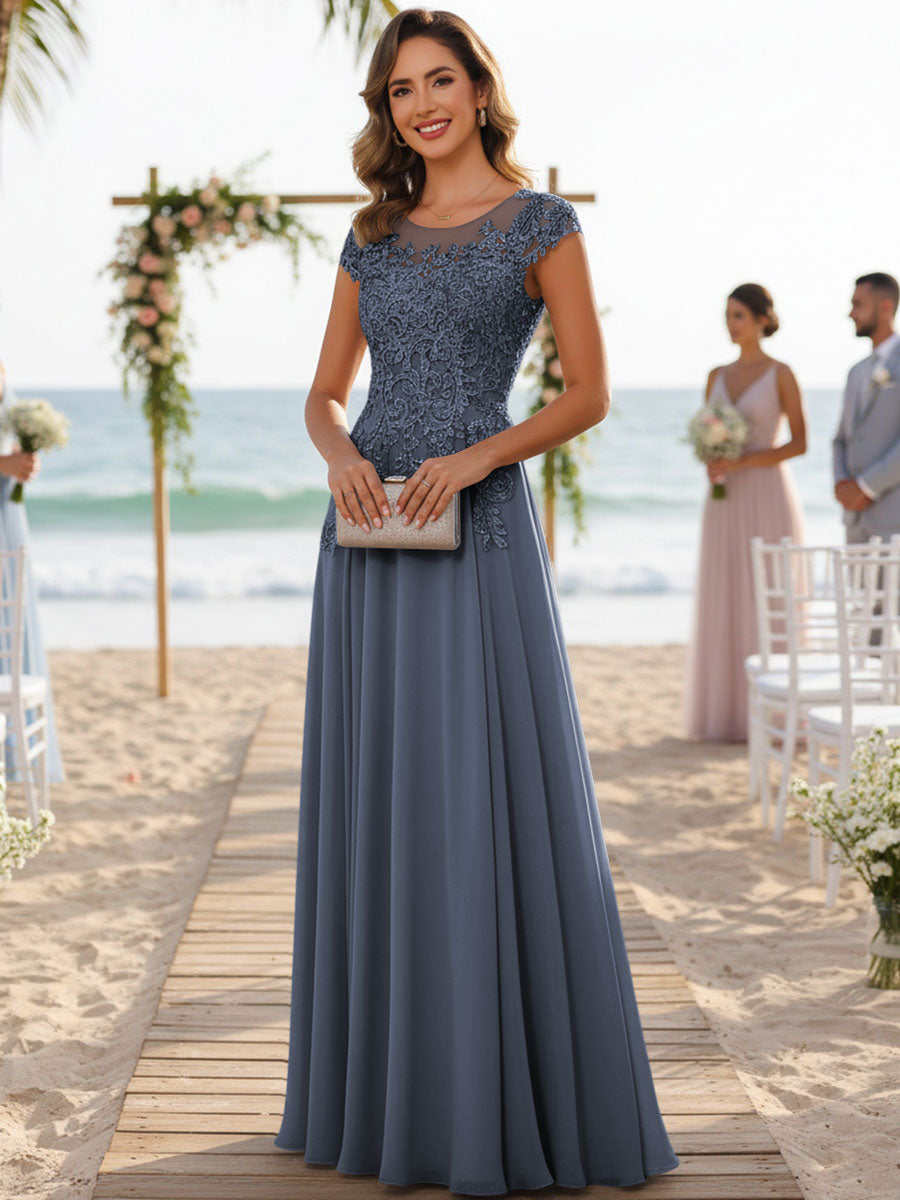 A-Line/Princess Scoop Neck Cap Sleeve Floor-Length Mother of the Bride Dresses with Lace Applique (SHI22500008)