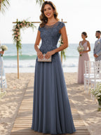 A-Line/Princess Scoop Neck Cap Sleeve Floor-Length Mother of the Bride Dresses with Lace Applique (SHI22500008)