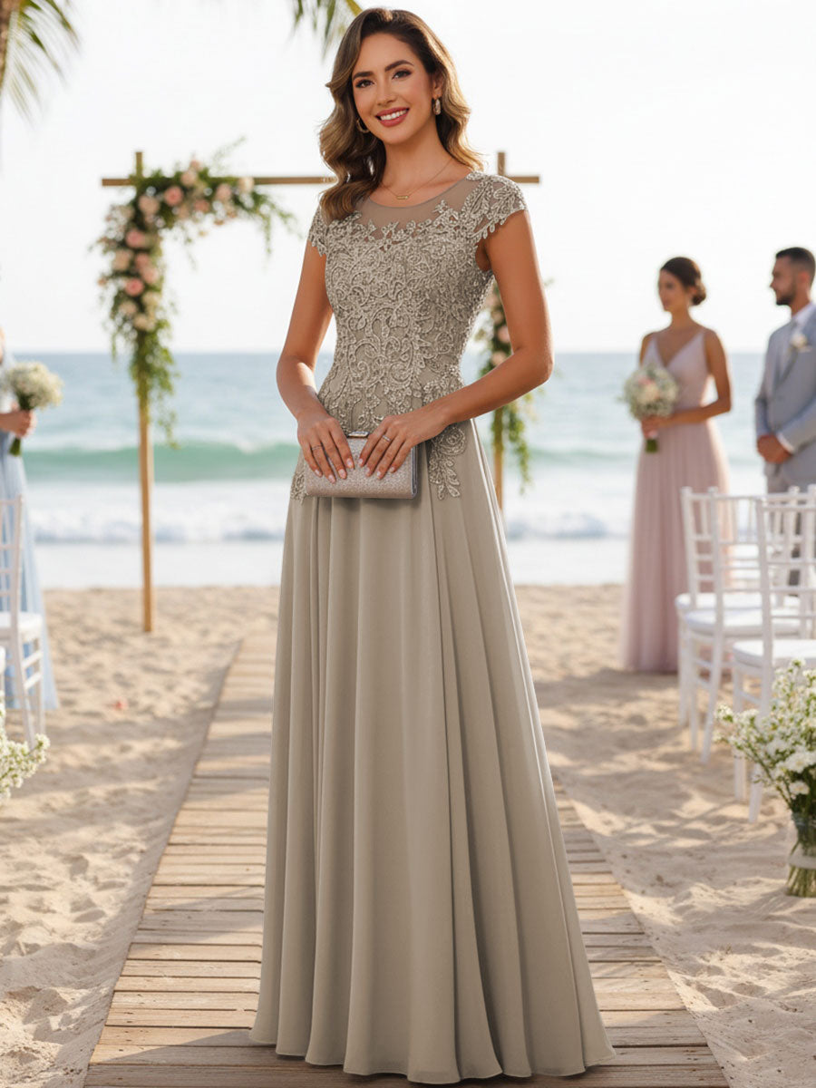 A-Line/Princess Scoop Neck Cap Sleeve Floor-Length Mother of the Bride Dresses with Lace Applique (SHI22500008)