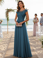 A-Line/Princess Scoop Neck Cap Sleeve Floor-Length Mother of the Bride Dresses with Lace Applique (SHI22500008)