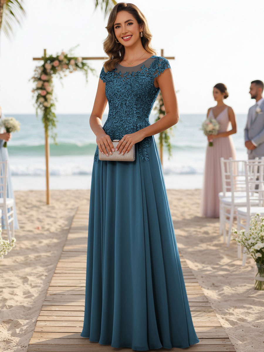 A-Line/Princess Scoop Neck Cap Sleeve Floor-Length Mother of the Bride Dresses with Lace Applique (SHI22500008)