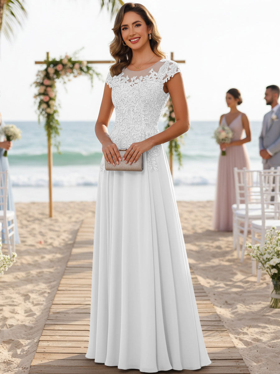 A-Line/Princess Scoop Neck Cap Sleeve Floor-Length Mother of the Bride Dresses with Lace Applique (SHI22500008)