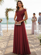 A-Line/Princess Scoop Neck Cap Sleeve Floor-Length Mother of the Bride Dresses with Lace Applique (SHI22500008)