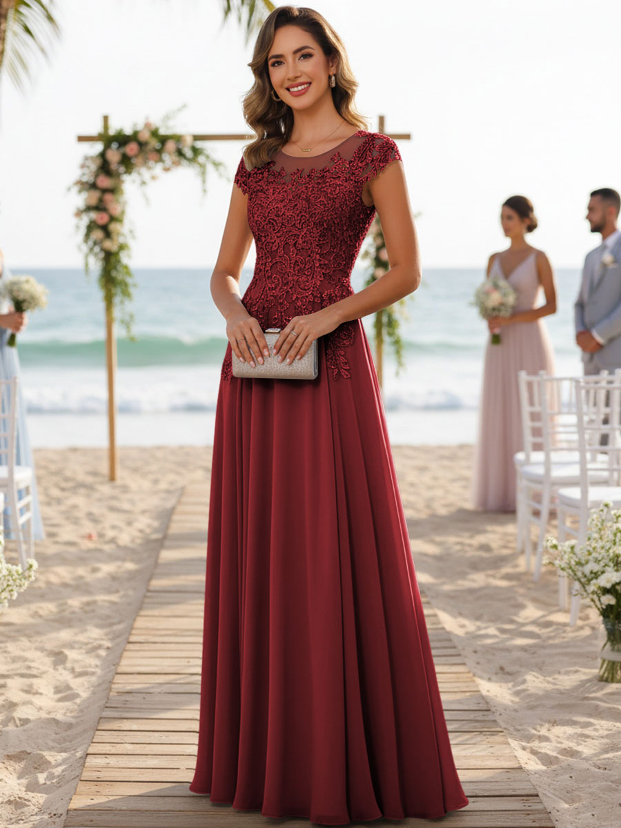 A-Line/Princess Scoop Neck Cap Sleeve Floor-Length Mother of the Bride Dresses with Lace Applique (SHI22500008)
