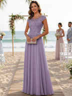 A-Line/Princess Scoop Neck Cap Sleeve Floor-Length Mother of the Bride Dresses with Lace Applique (SHI22500008)