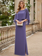 Cape Sleeve Floral Jacquard Satin Tea-Length Ruched Mother of the Bride Dresses 2 Piece (SHIA22500528)