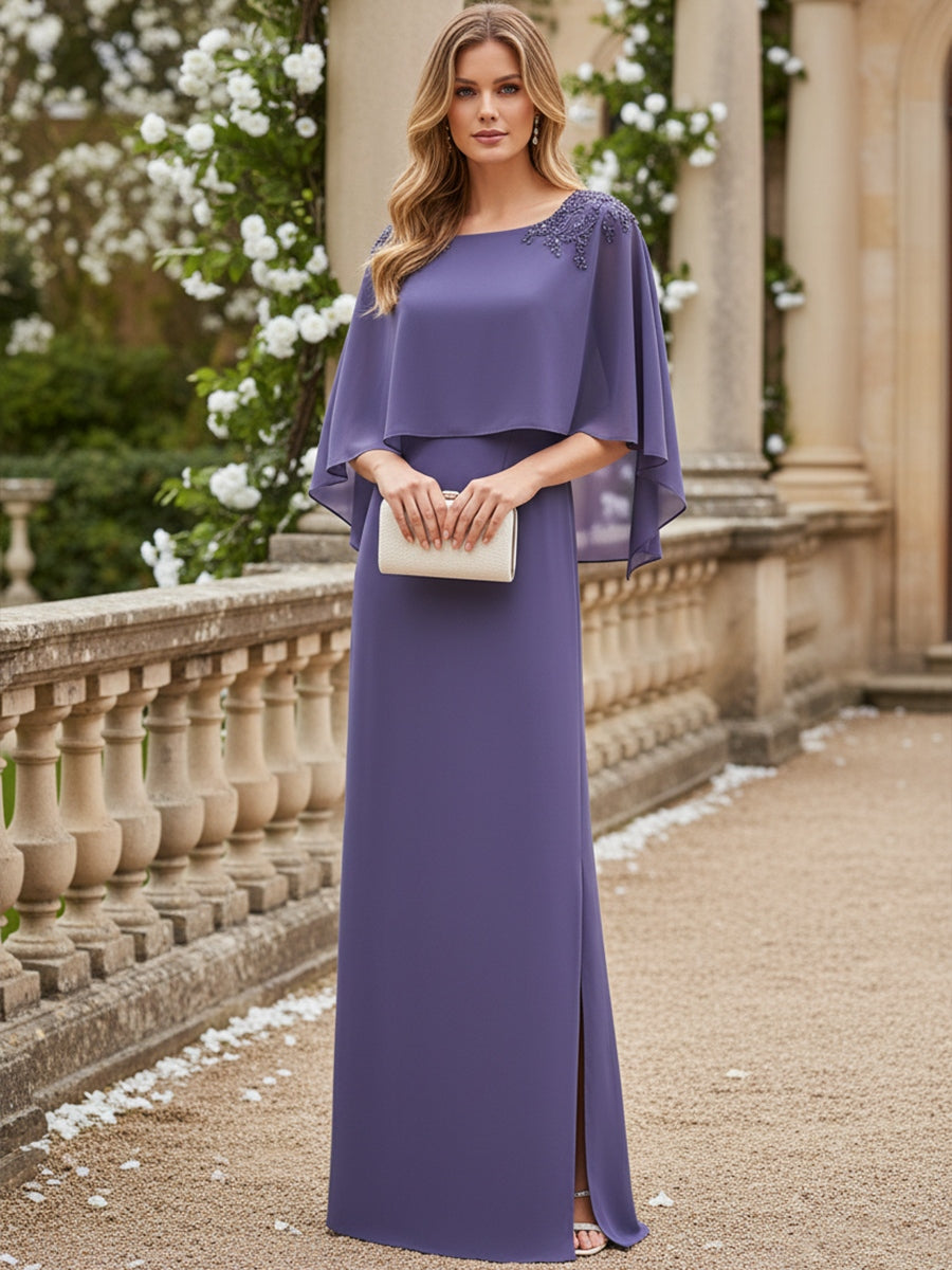 Cape Sleeve Floral Jacquard Satin Tea-Length Ruched Mother of the Bride Dresses 2 Piece (SHIA22500528)