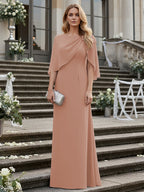 Sheath/Column Scoop Neck Floor-Length Mother of the Bride Dresses with Asymmetical Cape (SHI22500011)