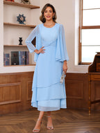 A-Line/Princess Scoop Neck Satin Tea-Length Mother of the Bride Dresses with Pockets (SHI22500122)