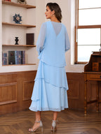 A-Line/Princess Pleated Two-Piece Tea-Length Mother of the Bride Dresses with Cascading Ruffles (SHI22500054)