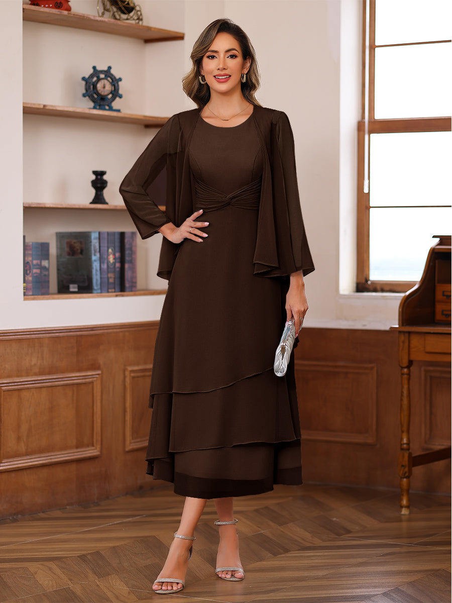 A-Line/Princess Pleated Two-Piece Tea-Length Mother of the Bride Dresses with Cascading Ruffles (SHI22500054)