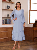 A-Line/Princess Pleated Two-Piece Tea-Length Mother of the Bride Dresses with Cascading Ruffles (SHI22500054)