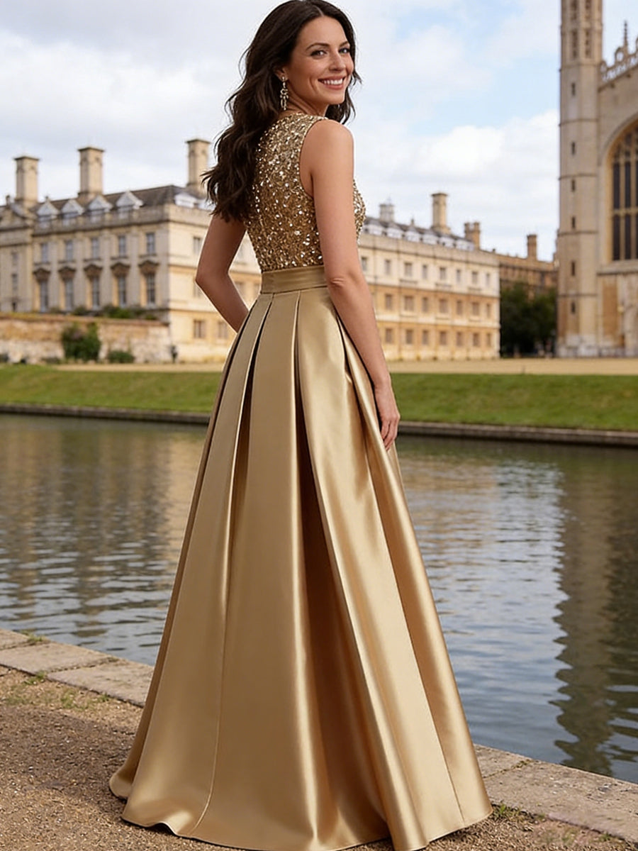 A-Line/Princess Scoop Neck Pleated Satin Evening Dresses with Sequins (SHI22500066)