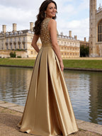 A-Line/Princess Scoop Neck Pleated Satin Evening Dresses with Sequins (SHI22500066)