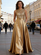 A-Line/Princess Scoop Neck Pleated Satin Evening Dresses with Sequins (SHI22500066)