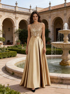 A-Line/Princess Scoop Neck Pleated Satin Evening Dresses with Sequins (SHI22500066)