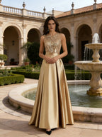A-Line/Princess Scoop Neck Pleated Satin Evening Dresses with Sequins (SHI22500066)