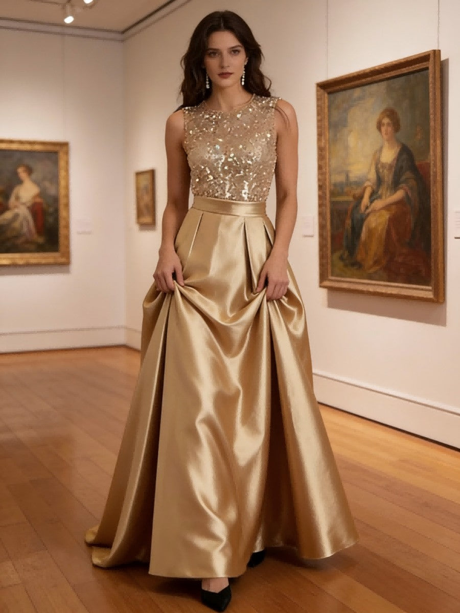 A-Line/Princess Scoop Neck Pleated Satin Evening Dresses with Sequins (SHI22500066)