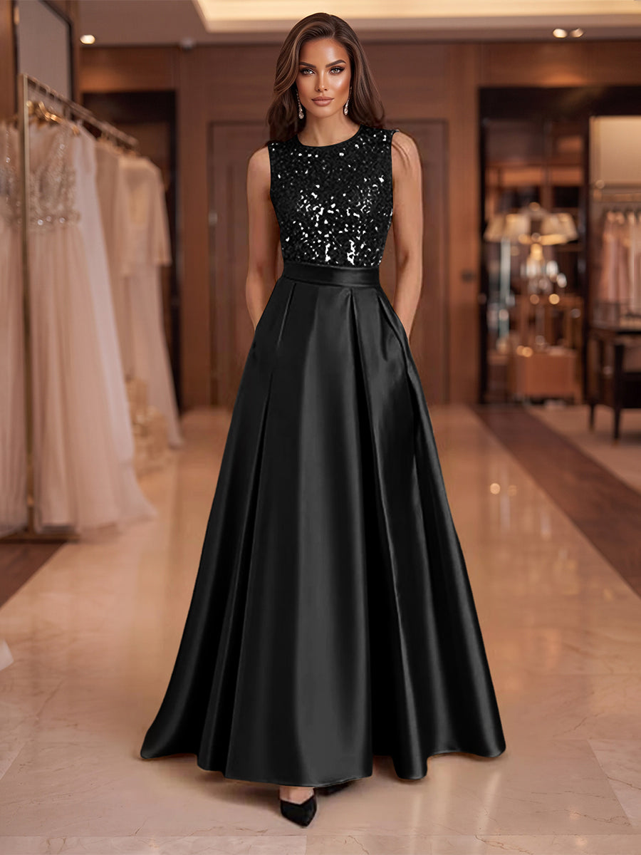 A-Line/Princess Scoop Neck Pleated Satin Evening Dresses with Sequins (SHI22500066)