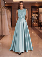 A-Line/Princess Scoop Neck Pleated Satin Evening Dresses with Sequins (SHI22500066)