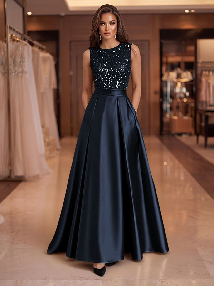A-Line/Princess Scoop Neck Pleated Satin Evening Dresses with Sequins (SHI22500066)