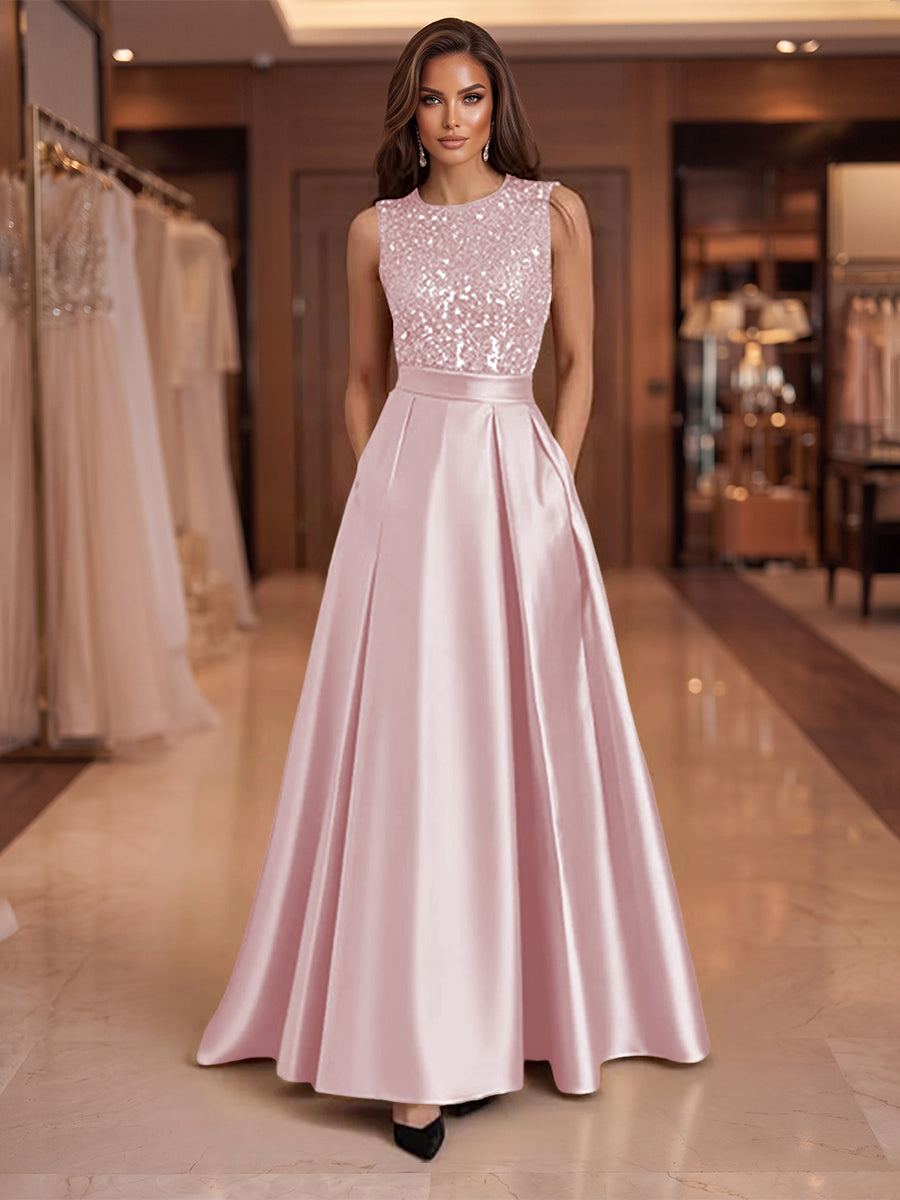 A-Line/Princess Scoop Neck Pleated Satin Evening Dresses with Sequins (SHI22500066)