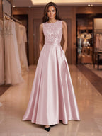 A-Line/Princess Scoop Neck Pleated Satin Evening Dresses with Sequins (SHI22500066)