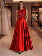 A-Line/Princess Scoop Neck Pleated Satin Evening Dresses with Sequins (SHI22500066)