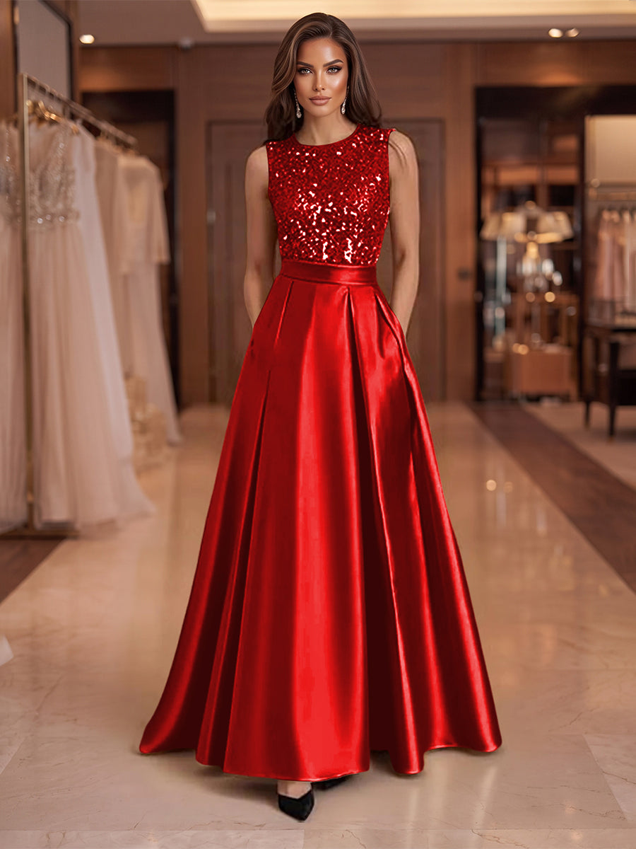 A-Line/Princess Scoop Neck Pleated Satin Evening Dresses with Sequins (SHI22500066)